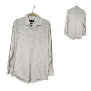 J. Ferrar Mens Long Sleeve Button Up Polka Dots White/Brown Shirt Size L-16-16.5